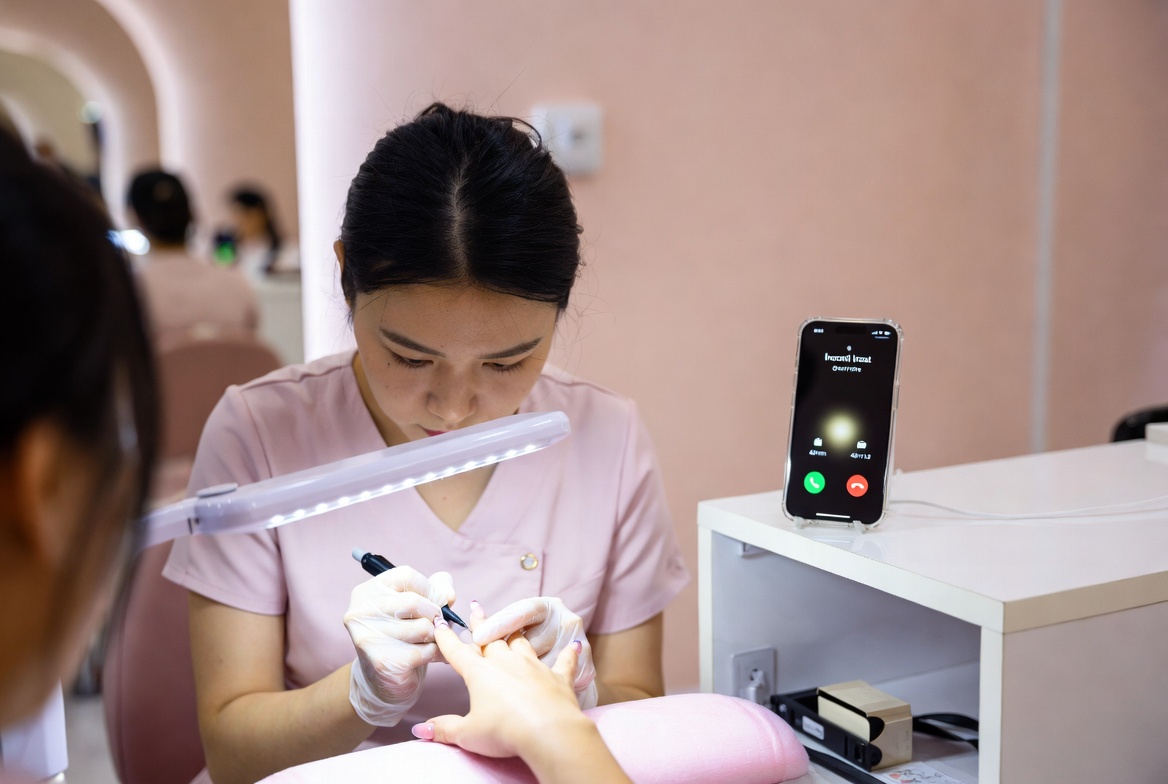 Nagelstyliste geeft een manicure terwijl op de achtergrond een telefoon overgaat in een beautysalon