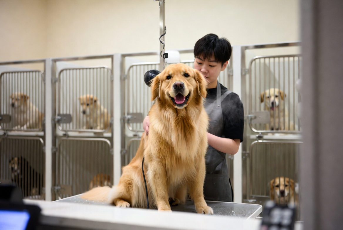 Trimmer föhnt een golden retriever op de trimtafel, met honden in verblijven op de achtergrond