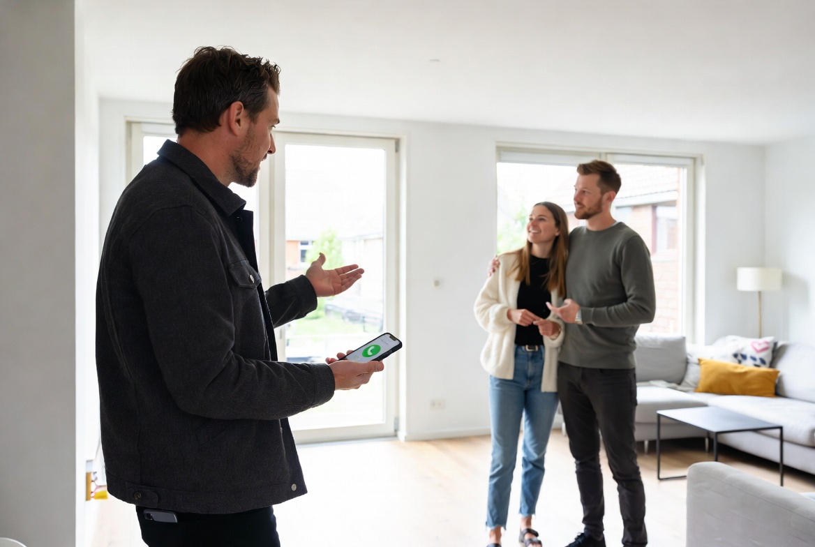 Makelaar met telefoon in de hand leidt een stel rond tijdens een woningbezichtiging