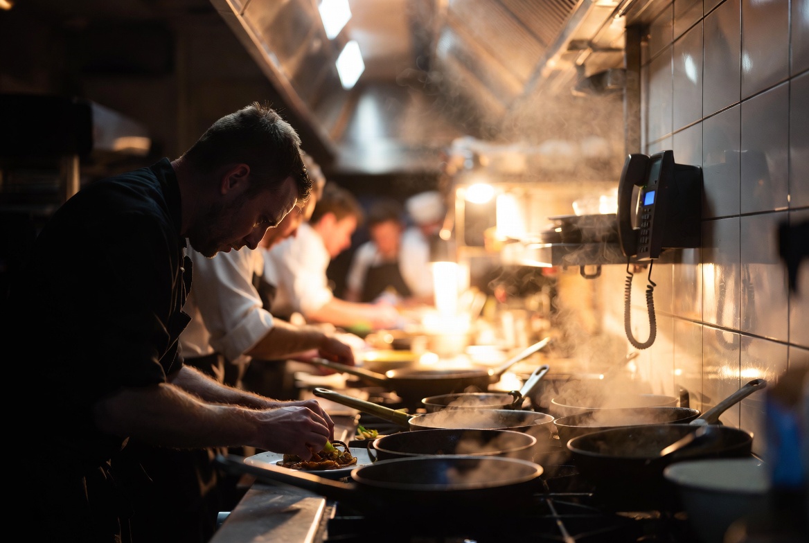 Kok plateert een gerecht in een drukke restaurantkeuken, met een telefoon aan de muur