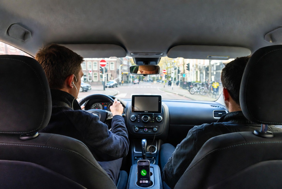 Leerling rijdt met de rij-instructeur ernaast, terwijl een telefoon overgaat in de middenconsole
