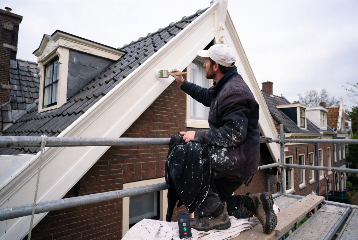 Schilder op een steiger verft het houtwerk van een gevel, met een telefoon die overgaat naast hem